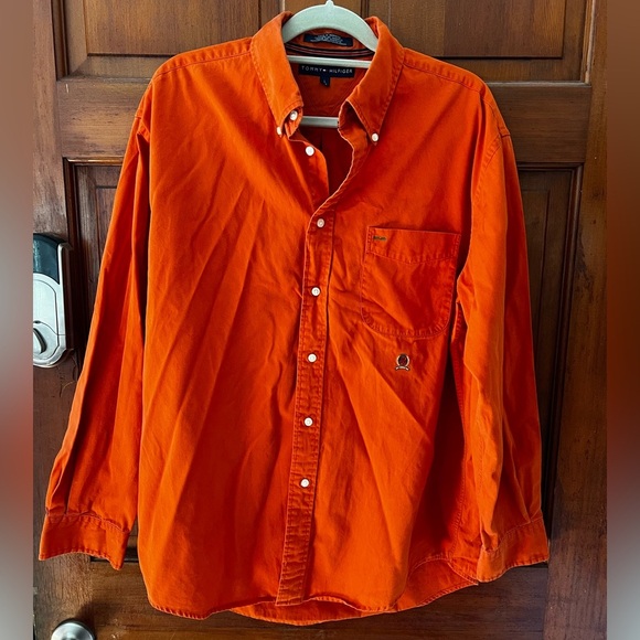 Tommy Hilfiger Orange Button Down Shirt L Crest Logo Long Sleeve 100% Cotton - Picture 6 of 8
